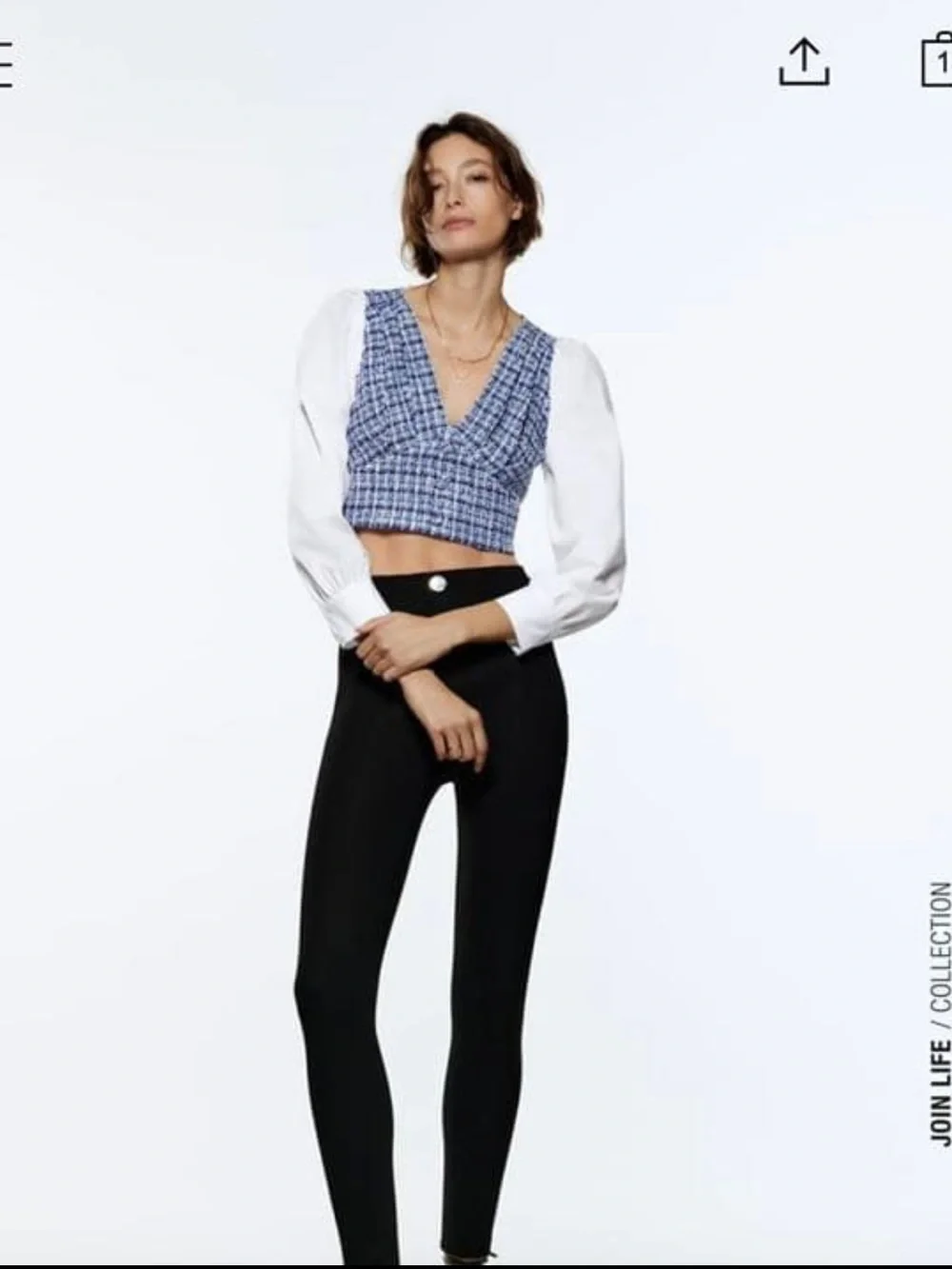 Zara Contrast Textured Tweed Cropped Blouse White Blue